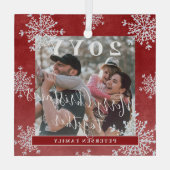 白い雪片ファミリーの写真パーソナライズされた赤 ガラスオーナメント (裏面)