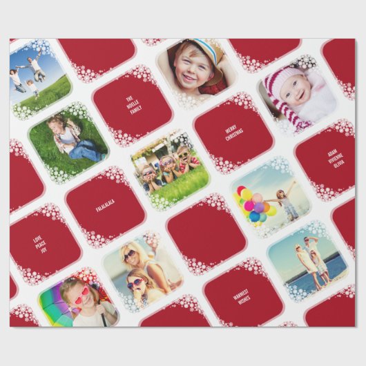 白い雪片フォトコラージュクリスマスギフトラップ ラッピングペーパー (フラット)