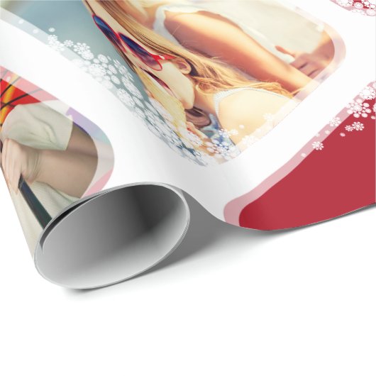 白い雪片フォトコラージュクリスマスギフトラップ ラッピングペーパー (ロールコーナー)