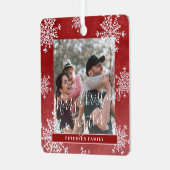 白い雪片2家族の写真パーソナライズされた赤 メタルオーナメント (正面左)