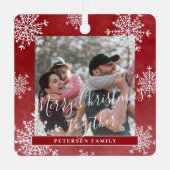 白い雪片2家族の写真パーソナライズされた赤 メタルオーナメント (正面)