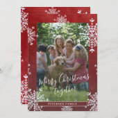 白い雪2枚の写真ファミリークリスマスレッド シーズンカード (正面/裏面)