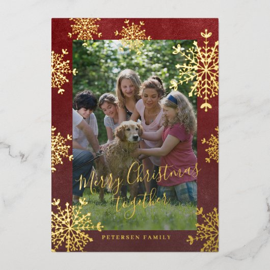 白い雪2枚の写真ファミリークリスマスレッド 箔シーズンカード (正面)