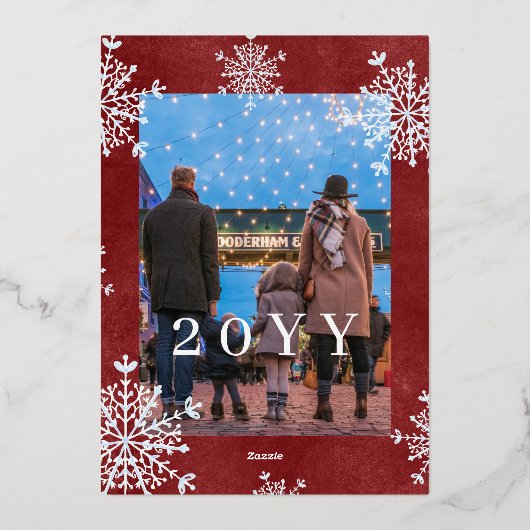 白い雪2枚の写真ファミリークリスマスレッド 箔シーズンカード (裏面)