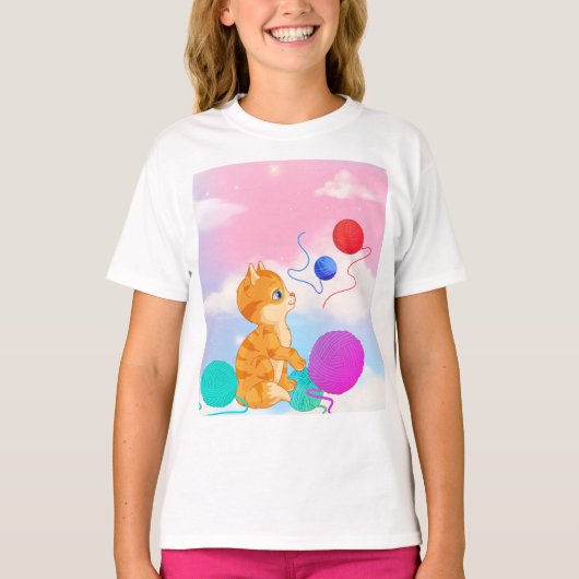 白い雲がピンクと青の子供用Tシャツ Tシャツ (正面)