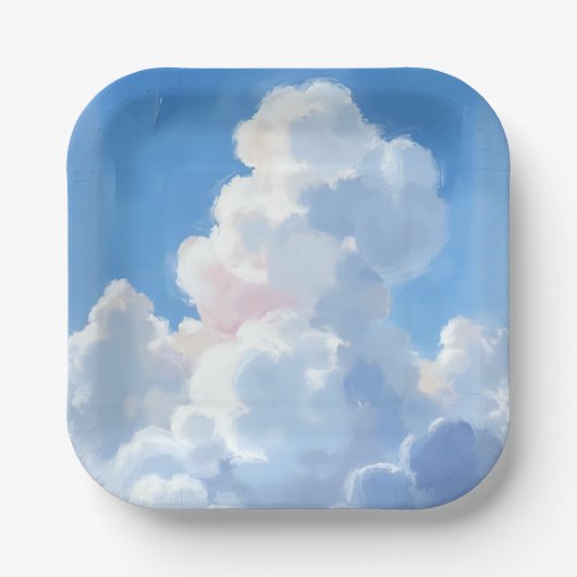 白い雲と美しい青空 水彩画 ペーパープレート (正面)
