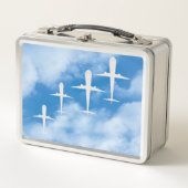 白い雲飛んでいるの中の飛行機、青空 メタルランチボックス (正面)