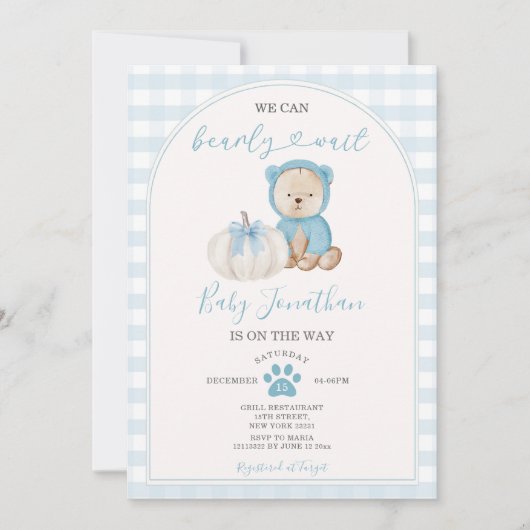 白い青いギンガムの赤ん坊シャワーを心待ちにする 招待状 (正面)