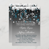 白い青い雪片が黒い結婚式招待状 招待状 (正面/裏面)