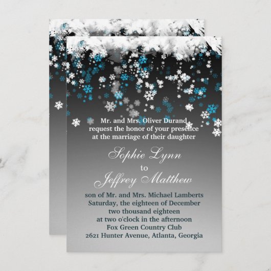 白い青い雪片が黒い結婚式招待状 招待状 (正面/裏面)