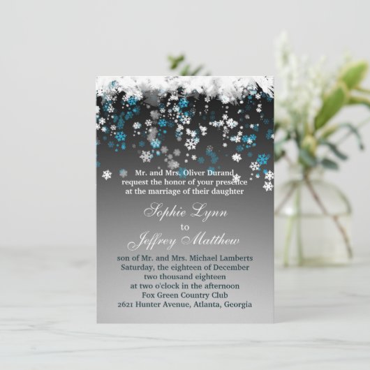 白い青い雪片が黒い結婚式招待状 招待状 (スタンド正面)