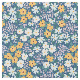 白い青い黄色の花の花柄 ファブリック