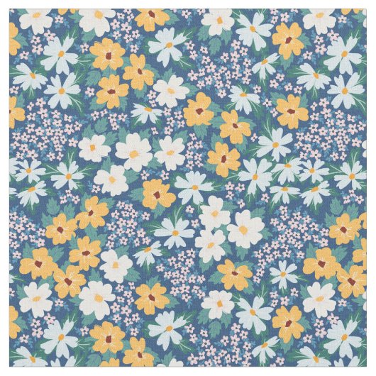 白い青い黄色の花の花柄 ファブリック (クローズアップ)