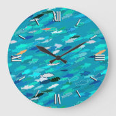 、白い青い、魚のターコイズの学校 ラージ壁時計 (正面)