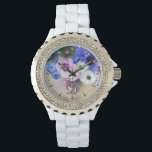 白い青のバラ、ANEMONE花モノグラム 腕時計<br><div class="desc">フローラエレガントウォッチ、ブルー、ピンク色の白いバラとアネモネがプリントされたピンクの宝石で灰色の背景に。</div>
