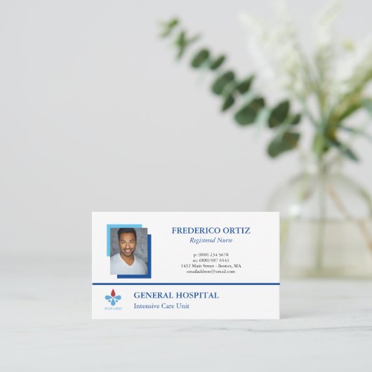 白い青のプロファイル写真あなたのロゴ病院 名刺 (スタンド正面)