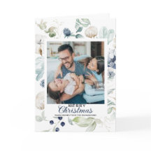 白い青の花メリークリスマスフォトカード