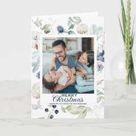 白い青の花メリークリスマスフォトカード カード