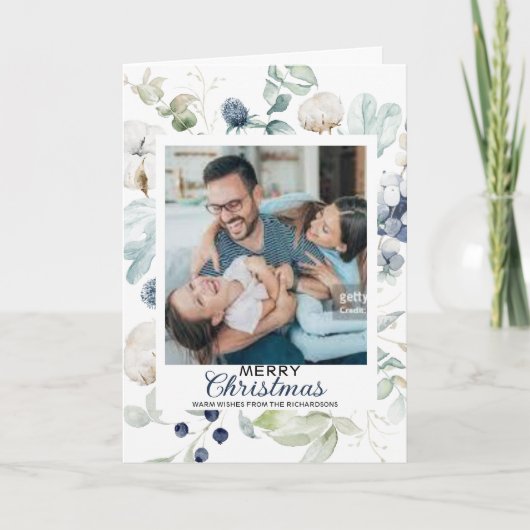 白い青の花メリークリスマスフォトカード カード (正面)