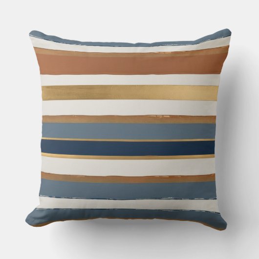 白い青の金ゴールドと銅の水平ストライプ クッション (正面)