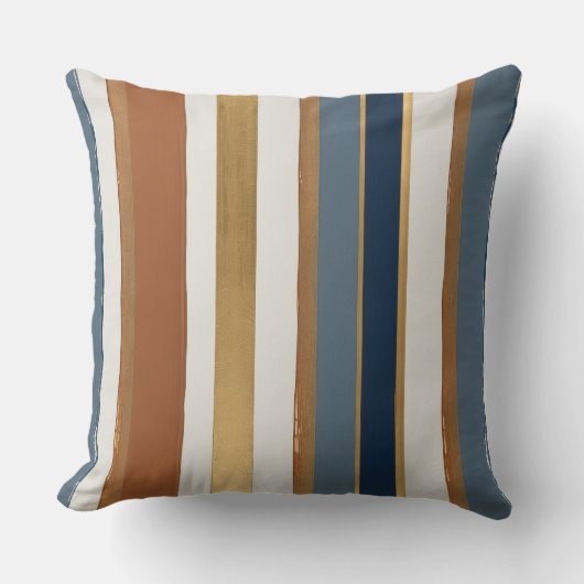 白い青の金ゴールドと銅ストライプの クッション (正面)