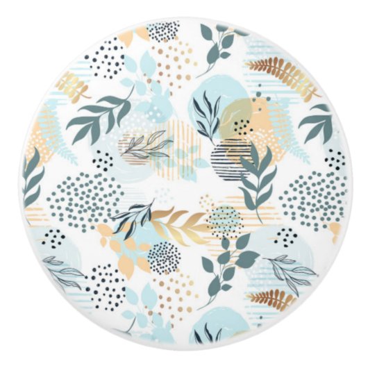 白い青の金ゴールドの植物葉のパターン セラミックノブ (正面)