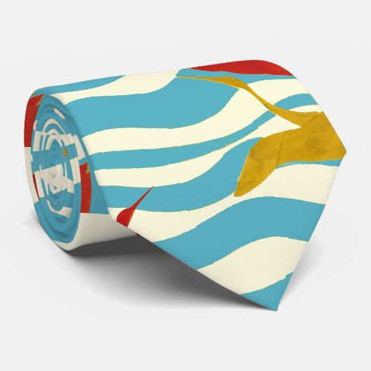 白い青飛んでいるい海の波に赤い黄色のクレーン ネクタイ (ロール)