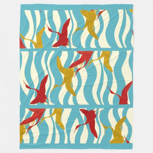 白い青飛んでいるい海の波に赤い黄色のクレーン フリースブランケット (正面)
