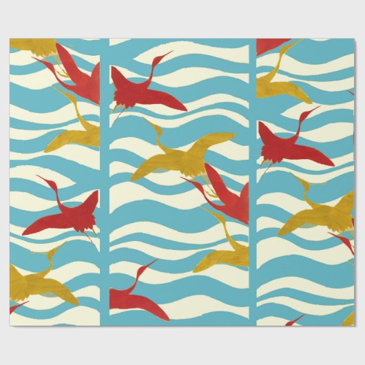 白い青飛んでいるい海の波に赤い黄色のクレーン ラッピングペーパー (フラット)