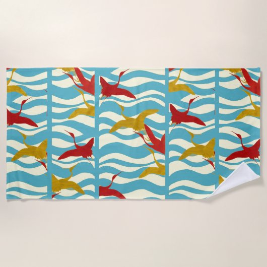 白い青飛んでいるい海の波に赤い黄色のクレーンB ビーチタオル (正面)