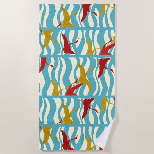 白い青飛んでいるい海の波に赤い黄色のクレーンB ビーチタオル (正面)