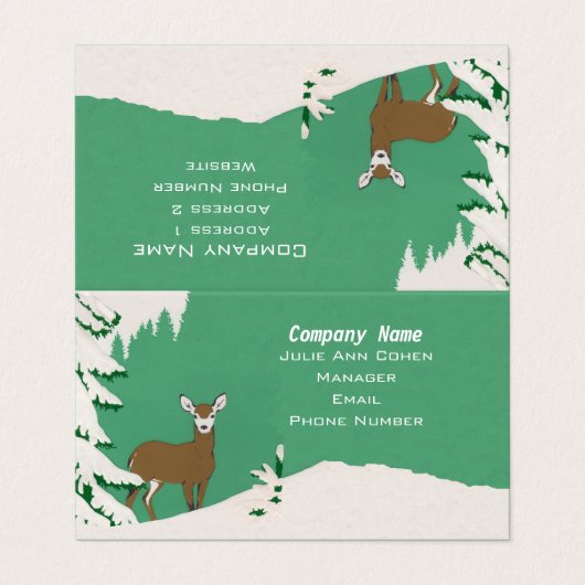 白い顔の雌鹿の松の木の雪の緑 名刺 (外部フラット)