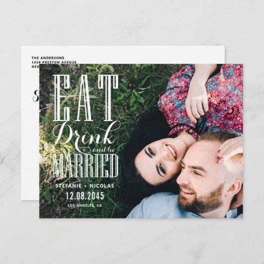 白い食べドリンクと結婚したBe Photo日付を保存 案内ポストカード (正面/裏面)