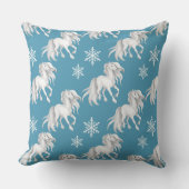 白い馬と雪の結晶の冬のパターン青 クッション (正面)