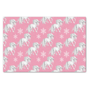白い馬と雪片ピンクの冬のパターン 薄葉紙