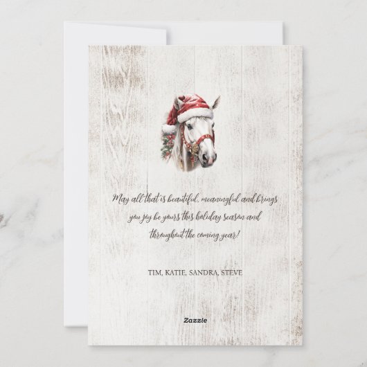 白い馬のサンタ帽子クリスマスリースの素朴な木 シーズンカード (裏面)