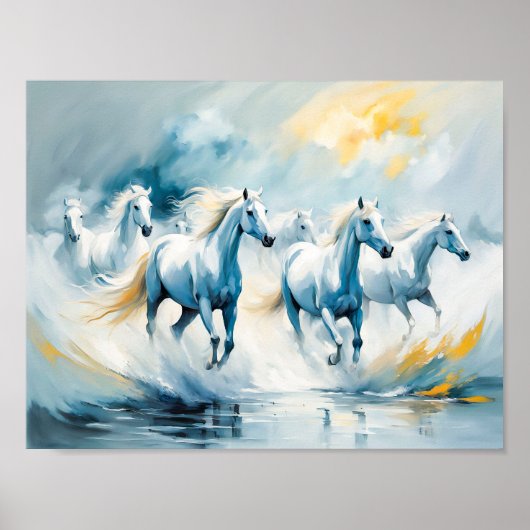 白い馬の大きな走グループの海 ポスター (正面)