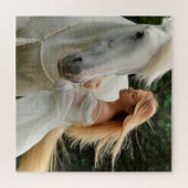 白い馬の女の子の風あなたの金髪で難しい ジグソーパズル (横)