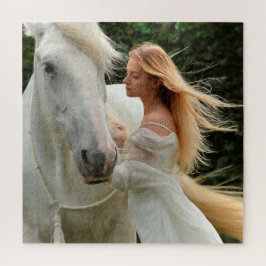 白い馬の女の子の風あなたの金髪で難しい ジグソーパズル