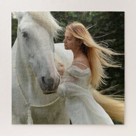 白い馬の女の子の風あなたの金髪で難しい ジグソーパズル (縦)