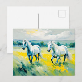 白い馬走二頭黄色の花 ポストカード