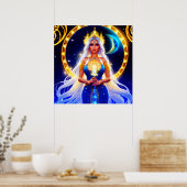 白い髪が流れる美しい月の女神 ポスター (キッチン)