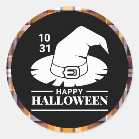 白い魔女の帽子 ハロウィン 黒/オレンジの格子縞 ラウンドシール (正面)