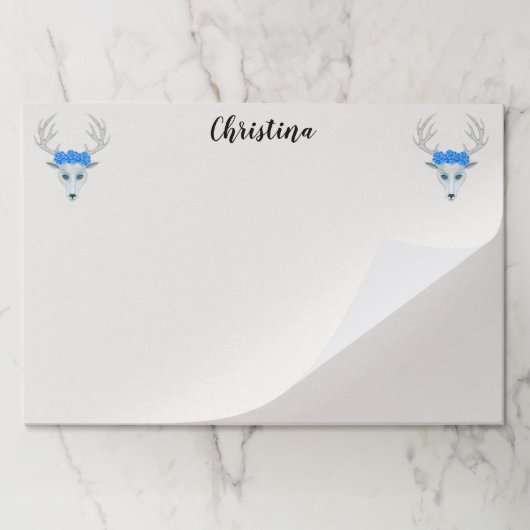 白い魔法の鹿の頭と〔雄ジカの〕枝角ブルーバラ ペーパーパッド (折り畳み)
