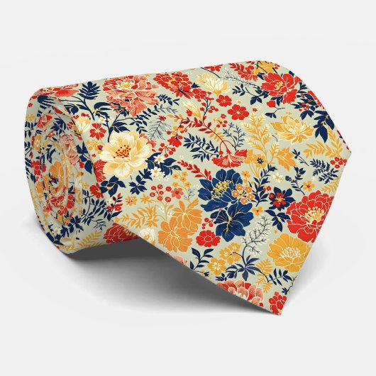 白い鮮やかフローラ赤、黄、青 ネクタイ (ロール)