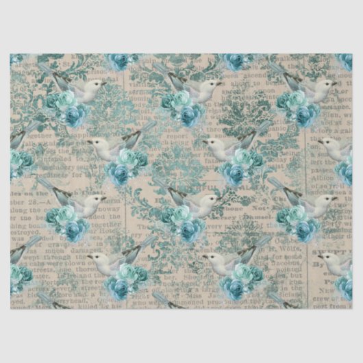 白い鳥、青い花と新聞短距離切り離し 薄葉紙 (正面)