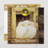 白い鳩が窓辺に 茶色と黄色のウェディングパーティ 招待状 (正面/裏面)