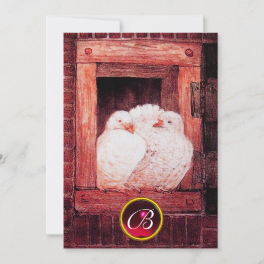 白い鳩が赤い窓辺でウェディングの宝石を飾るモノグラム 招待状 (正面)