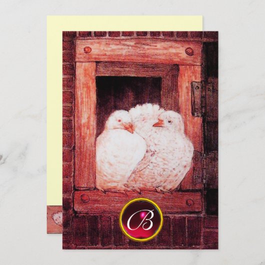 白い鳩が赤い窓辺でウェディングの宝石を飾るモノグラム 招待状 (正面/裏面)