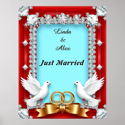 白い鳩とエレガントなウェディングフレーム ポスター (正面)
